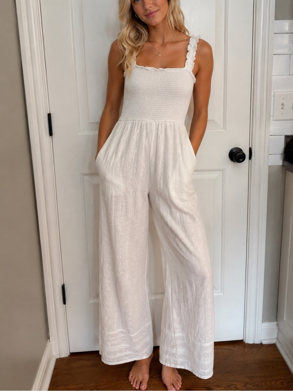 Jessica Simpson White Eyelet Smocked Strap Wide-Leg Jumpsuit